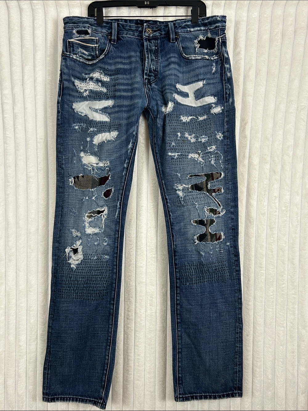 Cult of Individuality patched Distressed Straight Leg Japanese Selvedge Jeans 38
